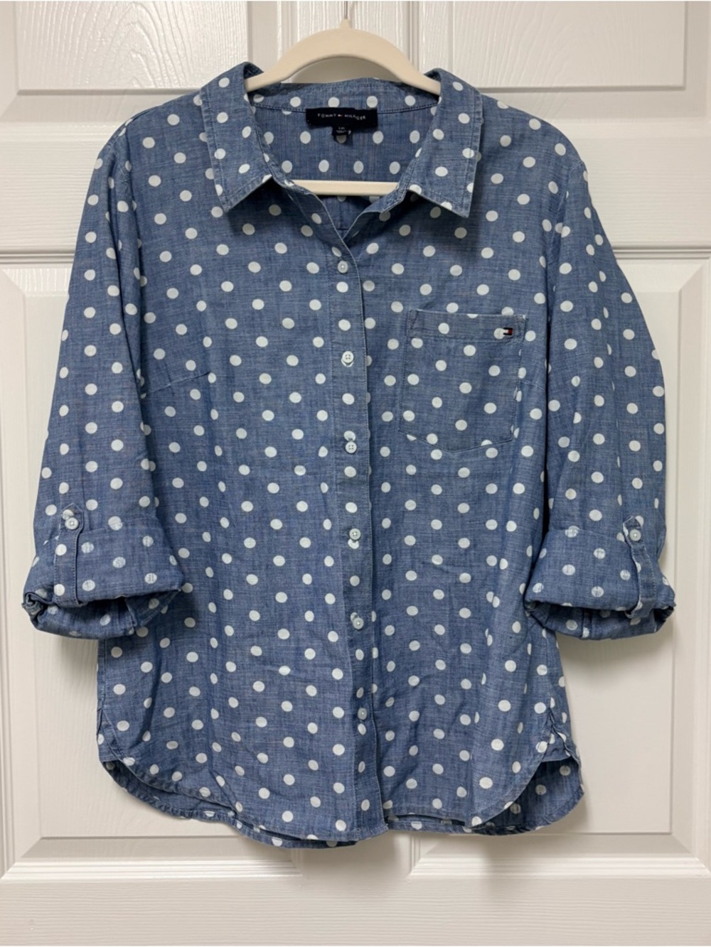 Tommy Hilfiger Blue and White Polka Dot Button-Down Shirt with roll up sleeves